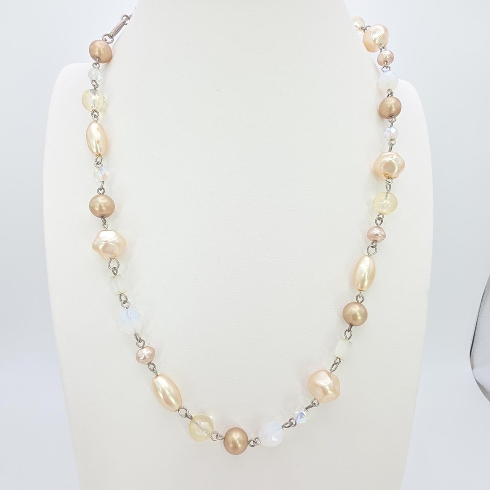 Vtg SABIKA Station Necklace Faux Pearl Faceted Bead Silver Tone 18" FREE $HIP!!